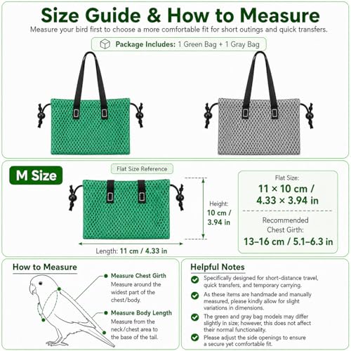 2PCS Portable Bird Carrier Bag,Comfortable Fit Parrot Travel Pouch with Adjustable Neck Opening,Breathable Mesh Anti-Escape Carrier for Birds,Conures,Lovebirds,Cockatiels,Budgies (M) - size: M