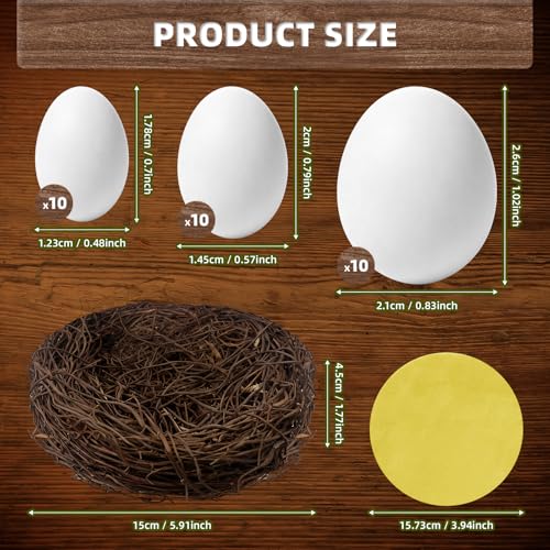 30 Pcs Solid Plastic Dummy Bird Eggs for Pet Bird Stop Laying Hatching | Offered in 3 Sizes,Set Includes Woven Nest and Pad,Suitable for Budgie,Cockatiel,Pigeon,Quail,Canary and Finch