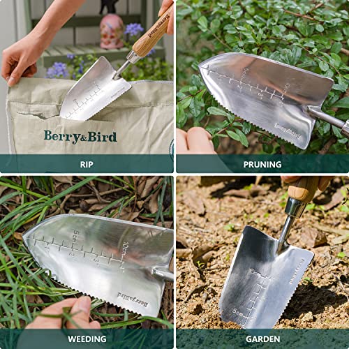 Berry&Bird Garden Serrated Planting Trowel, Multifunctional Shovel with ash Wood and Stainless Steel Digging Trowel Transplanter - color: Serrated Shovel, size: Small