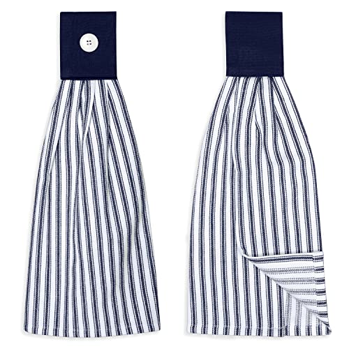 Navy Blue and White Ticking Stripe Hanging Kitchen Dish Hand Towel Cotton with Button Accent, Set of 2 - color: Navy Blue