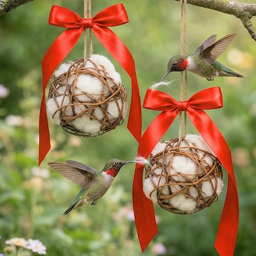 Bird Nesting Material Holder for Hummingbirds, 2 Refillable Balls with Natural Cotton Fibers for Wild Bird Houses, Outdoor Gift for Bird Lovers - color: 2 Balls Hummingbird Welcome Set