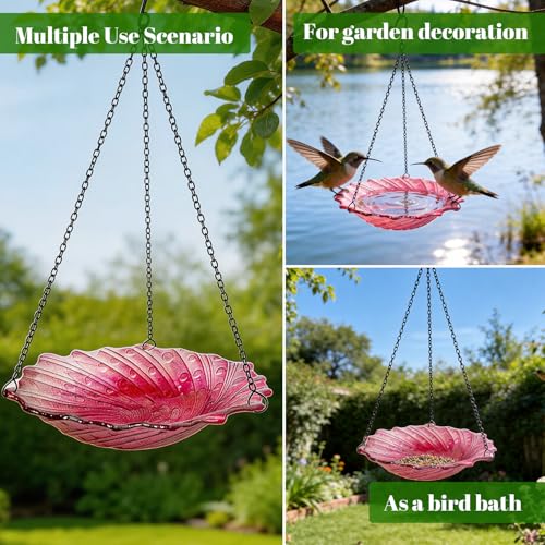 Bird Baths for Outdoors, 11" Pink Glass Birdbaths Outdoor Birdfeeder with Metal Stake - color: Pink with Hanging