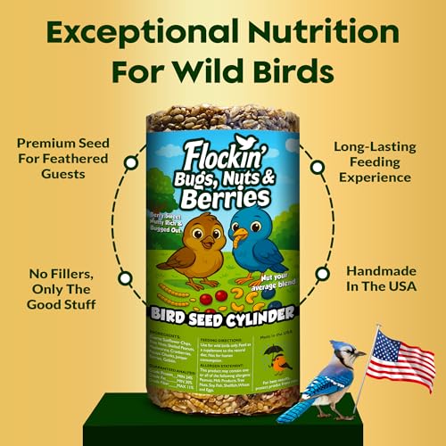 Bugs, Nuts & Berries Bird Seed Cylinders with Hole, Mealworms, 6" x 7.75" | Protein Rich Wild Bird Food with Mealworms, Cylinder Bird Seed, Attracts a Variety of Wild Birds, No Filler, USA Made,3.75lbs - size: 1-Large