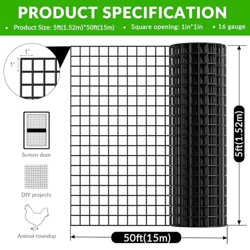 Welded Wire Fencing 5Foot x 50 Foot,1 Inch x 1 Inch 16GA Black PVC Wire Fence,Vinyl Coating Metal Wire Mesh for Yard Vegetable Protection Goat & Poultry Netting - size: 5ft*50ft 1″×1″