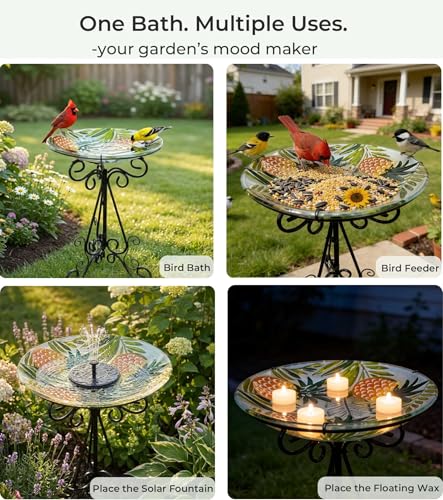 Large Glass Bird Bath with Metal Stand, Pineapple | 18" Wide Bowl, 3.2" Bathing Depth, Thick Glass Construction, Stable 3-Leg Base, Easy Clean Surface, Garden Decor