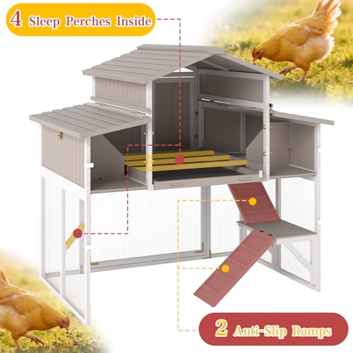 PetsCosset Large Chicken Coop Outdoor with Run, Expandable Hen House, Grey | with Sectionable 4 Nesting Boxes, Rabbit Hutch Poultry Bunny Cage for 2-4 Chickens with 4 Perches, Pull-Out Tray and Ramp