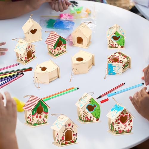 Outus 24 Pcs Wooden DIY Birdhouse Kits for Kids to Build, 4 Shapes Birdhouse Kit Wooden Unfinished with Butterfly Sticker for Boy Girl Arts Crafts(Cute) - style: Cute