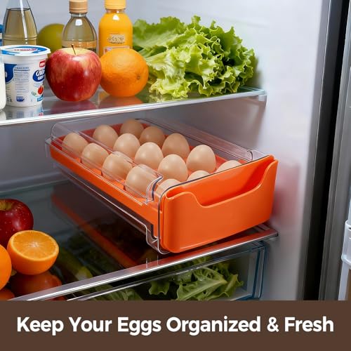 Egg-Holder for Fridge, Fits Small to Large Eggs, Orange | 18 Egg-Storage for Refrigerator Countertop, 1 Tier Dispenser with Drawer, Stackable Clear Egg Tray Container - size: 1 Tier-Orange
