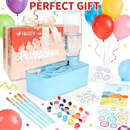Paint Brush Cleaner Tool,Painting Running Water Circulation Art Supplies,with Brushes,Colors Paint,Watercolor Paper,Paint Station Creative Gift for Kids Girls Adult Artist Beginners - color: Blue
