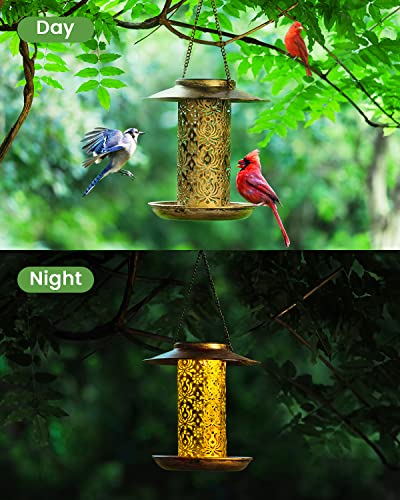 SWEETFULL Solar Bird Feeder for Outdoors Hanging, Metal Wild Bird Feeder for Cardinals Solar Garden Lantern with S Hook as Gift Ideas for Bird Lovers (2LBs Heavy Duty Weather Resistance birdfeeders) - size: 8"x8"