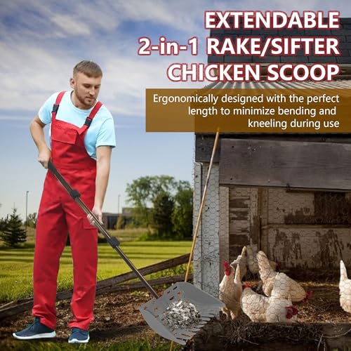 Chicken Dog Poop Scooper & Rake 2-in-1 Telescopic Chicken Litter Scoop for Chicken Coops & Small Farm Animals Sand Sifting Litter Shovel Gray - color: GRAY