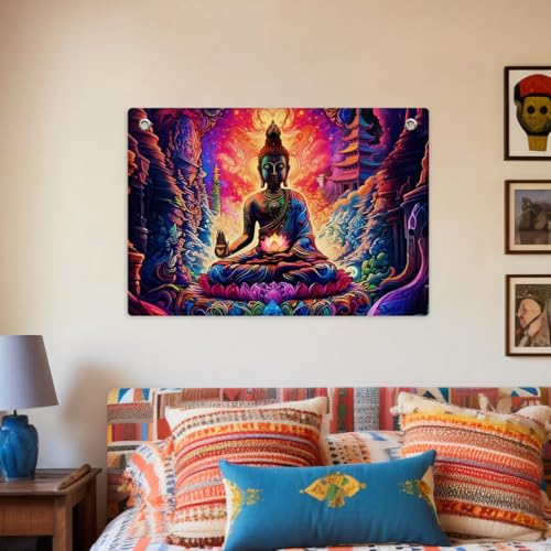 Psychedelic Buddha Art Tapestry Banner Flag Trippy Spiritual Wall Hanging | Decor for Bedroom Living Room Meditation Space, Perfect Gifts for Psychedelic Art Fans Boho Aesthetic Lovers 28.5 x 20 Inch - color: Multi 0669