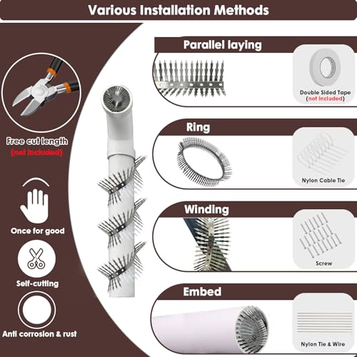 Bird spikes deterrent for outside Stainless Steel 360°Bend 100cm with Accessories, Anti Climb Spikes to Keep Birds- Pigeon-Racoon-Squirrel-Cat Away from porch baffle feeder yard patio garden Fence