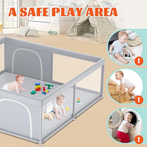 XVISHX Baby Playpen, 79''x79'' Extra Large Playpen for Babies and Toddlers, Baby Fence Play Pen for Indoor & Outdoor, with Soft Breathable Mesh Grey - size: 79 × 79 Inch