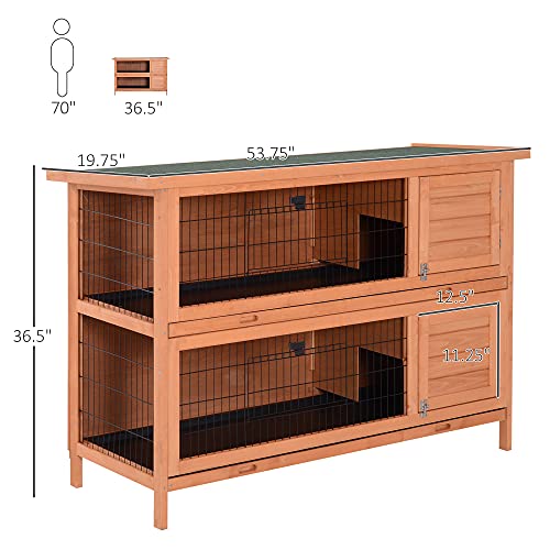 PawHut 54" 2-Story Large Rabbit Hutch Bunny Cage Wooden Pet House Small Animal Habitat with Lockable Doors, No Leak Tray and waterproof Roof for Outdoor/Indoor Orange | Wooden Pet House, Small Animal Habitat, No Leak Tray, Waterproof Roof, for Chickens Du