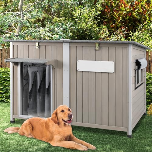 Outdoor Dog House Weatherproof, Wooden Puppy Shelter with Anti-Chewing Iron Frame and Elevated Floor, Sturdy Dog Kennel for Small, Medium & Large Dogs (Gray, 51" L x 29" W x 32" H) - size: 51" L x 29" W x 32" H
