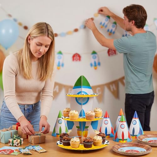 3 Tier Cartoon Story Party Decoration Cupcake Stand Cartoon Story Cupcake Tower Rocket Cake Holder Dessert for Birthday Party Baby Shower Dessert Table Decor Supplies - style: Toy