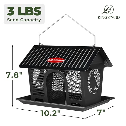 Kingsyard Wild Bird Feeder for Outdoors Hanging, All Metal | Dual-Use Mesh with 360° Feeding, Weatherproof Roof, 3 lb Seed Capacity, Garden Decor & Birding Gift, Black - color: Black