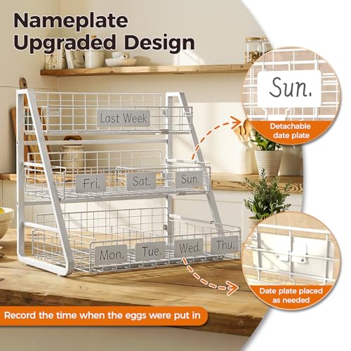 Egg Holder Countertop with 3 Pull-Out Tier Baskets, White | Sturdy Metal Frame, 5 Adjustable Dividers,7 Date Tags, Egg Basket for Gathering Fresh Eggs, Chicken Coop Accessories - color: White