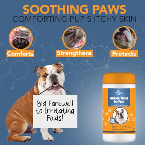 NOVEHA 120PCs - 5”x7” Large Dog Wipes | Wipes for Bulldog, French Bulldog, Pug, English Bulldog | Deodorizing, for Multiple Areas Removes Dirt, Wrinkles, Folds, Tear Stain, Tail Pockets & Paws - size: 120 Wrinkle Wipes