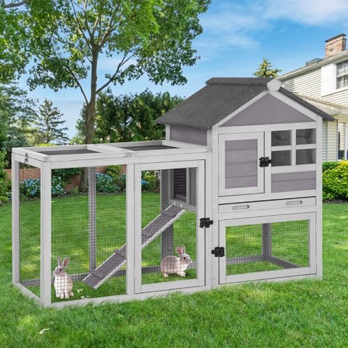 GUTINNEEN Large Rabbit Hutch Outdoor 2-Level Wooden Chicken Coop Indoor Weatherproof Bunny Cage Guinea Pig House with Waterproof Roof, Leak-Proof Pull Out Tray, Lockable Door for Small Animals (Grey) - color: Light Grey