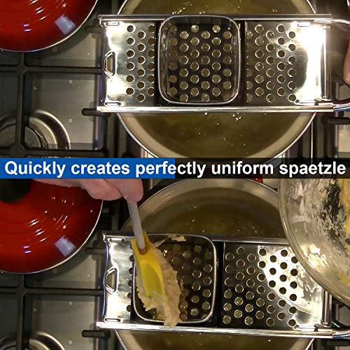 Premium Grade Stainless Steel Spaetzle Maker with Comfort Grip Handle, Stainless Steel Spider Strainer Skimmer Spoon with Cleaning Brush, Homemade German Egg Noodle Dumpling Making Tool Set