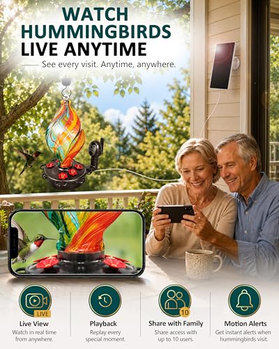 LUJII Smart Hummingbird Feeder with Camera for Outdoor Hanging, Hand Blown Glass, Solar WiFi Feeder with Live View App, 6 Feeding Ports, Leak-Resistant Design, Ant Moat & Gift Box, 28 fl oz, Ribbion - color: Ribbon, size: Large