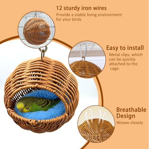 Rattan Bird Nest for Cage Hanging Parakeet Bed Hammock Hideout | Lay Eggs Canary Nest Sleep Parakeet Warm House Hut Parrot Cage Accessories for Cockatiel Budgerigar Finche Canaries - style: Half-circular opening