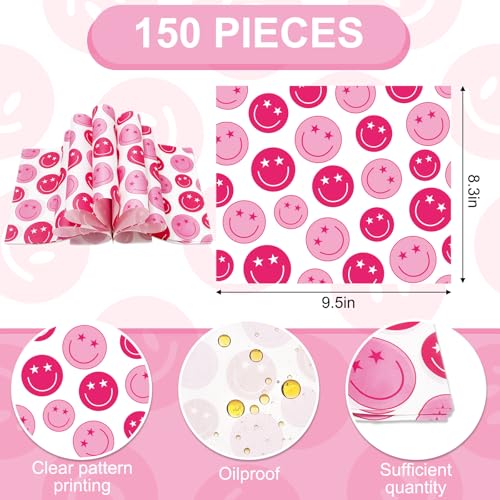 JarThenaAMCS 150 Pcs Preppy Wax Paper Pink Smile Face Deli Paper Tissue Sandwich Wrap Waterproof Oil-Proof Picnic Liners for Party Kitchen Supplies, 9.8 x 8.3 Inch - color: Preppy Smile Face