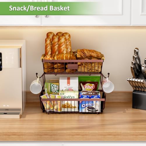 2 Tier Fruit Basket for Kitchen Counter with 2 Banana Hangers, Countertop Metal Bread Basket with Wooden Handle, Large Storage Stand for Vegetables, Snacks, Eggs, Produce Storage – Brown - color: Brown, size: 2 Tier