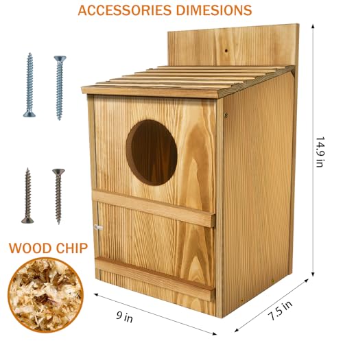 Owl House,Wooden Owl Box,Owl Houses for Outdoors, Suitable for Screech Owl Nesting Box and Kestrels, Easy Assembly with Circular Opening, Includes Mounting Screws and Wood Shavings