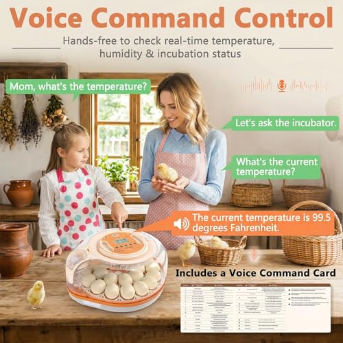 26 Voice-Controlled Incubator for Hatching Eggs, Temp & Humidity Control | 2 Egg Trays for 26 Chicken/59 Quail Eggs, Auto Egg Turning, Egg Candler, Temp & Humidity Alarm, High Hatch Rate, Easy to Use