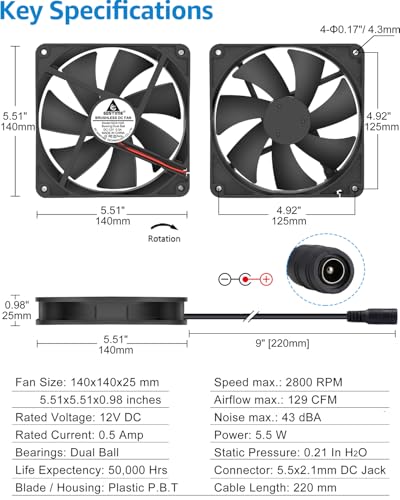 GDSTIME 140mm Computer Fan with AC Plug Variable Speed PC Fan w/Controller | 110V 120V 220V, High Speed, for Xbox, Biltong Box, Keezer, Grow Tent, Reptile Cage, DIY Cooling Ventilation Exhaust Projects - size: 1425 w/ Speed Controller
