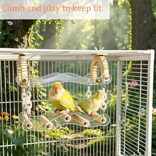 Bird Swing for Cage, Wooden Parakeet Swing Perch Toy with Clear Acrylic Wavy Bridge, Bell and Hanging Chains, Bird Cage Accessories for Budgies, Cockatiels, Lovebirds and Conures