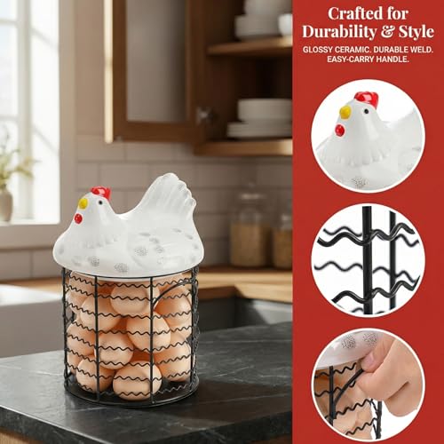 Hiceeden Metal Wire Chicken Egg Storage Basket, Decorative Fresh Egg Holder with Ceramic Chicken Design Lid, Portable Round Collectiong Basket for Kitchen Supplies, Pantry