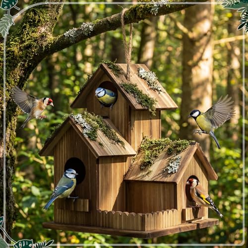 AceOrbit 2 Pcs Bird Houses for Outside 3-Hole Wooden Birdhouse 7.48 x 5.91 x 5.91 Outdoor Hanging Bird House for Finch Bluebird Chickadee Wren Hummingbird Weatherproof Garden Courtyard Decor