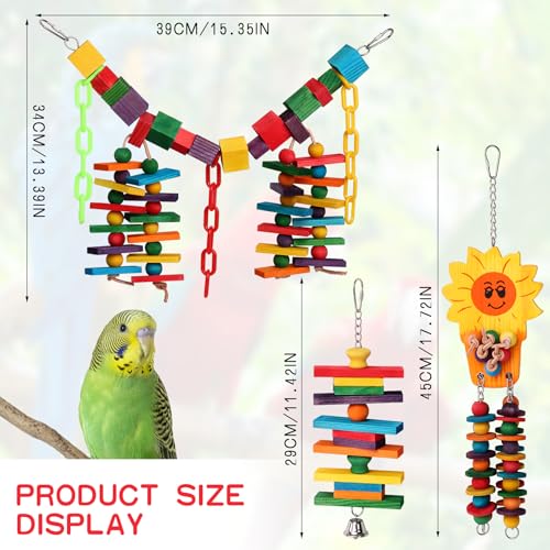 Set of 3 Natural Wood Parrot Toys - Ideal for Small & Medium Parrots. Safe & Durable Chew Toys Promote Mental Stimulation & Beak Health. Handcrafted Bird Toys for Enriching Playtime