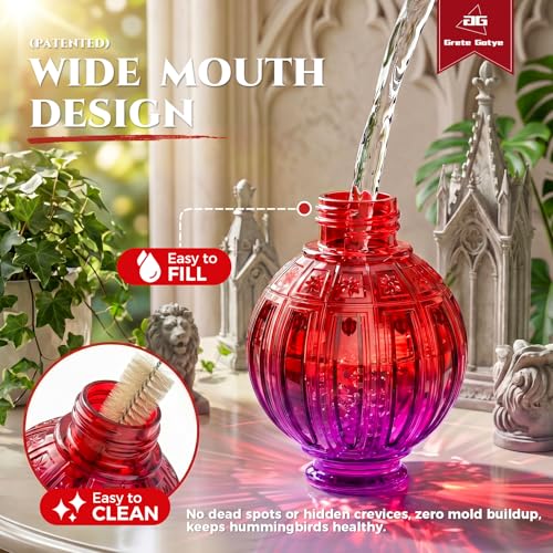 Glass Hummingbird Feeder for Outdoors Hanging, 26 fl oz Bird Nectar Feeder | Metal Flower Feeding Ports, 360° Perch Ring, Easy Refill Clean, Leakproof, Ideal for Backyard, Garden Decor, Purple & Red - color: Purple-Red Gradient