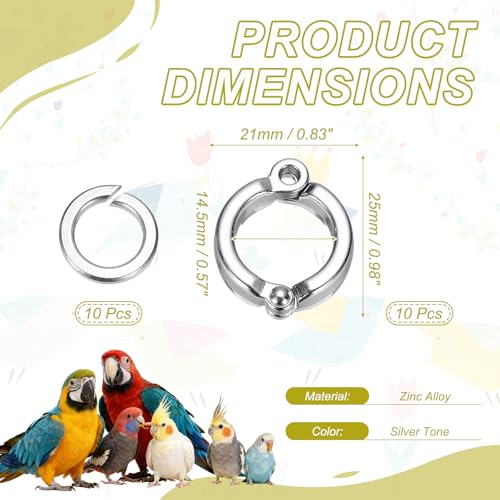 Bird Foot Rings, Parrot Metal Leg Ring Outdoor Fly Training Activity Opening Clip Accessories 14.5mm/0.57" ID, (Silver Tone, 10 Set), Intended for Small Medium Large Birds - size: 14.5mm/0.57" ID