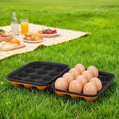 12 Egg Holder for Camping, Shockproof EVA Egg Carrier with Handle, Portable 12-Grid Egg Container for Outdoor Picnic & Travel, Protective Egg Case for RV & Hiking, Hard Shell Storage Box