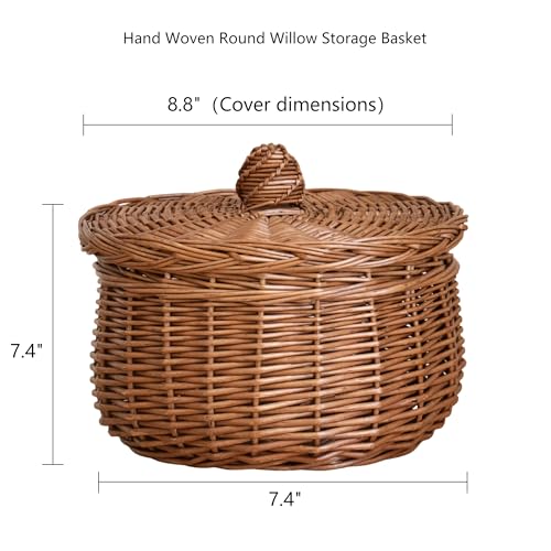 Handwoven Round Wicker Egg Basket with Lid for Kitchen & Fruit | Small Round Rustic Storage for Countertop, Pantry, Farmhouse & Bedside Table Use