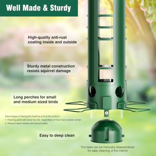 Squirrel Proof Bird Feeder for Outdoors Hanging, Removable Base, Easy to Clean, Weatherproof & Rustproof, Metal Tube Bird Feeder for Cardinals Finches Blue Jays, Gift for Mom, Dad - color: Green