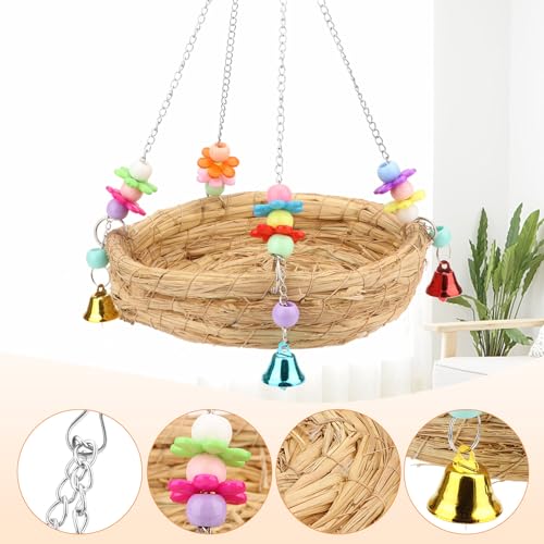 Hypeety Natural Handwoven Straw Bird Nest Bed Bird Swing Toy with Bells | Natural straw, handwoven, breathable and chewproof nest, easy-hanging with 2 hooks, for parakeet/cockatiel/budgie cage perch - color: A