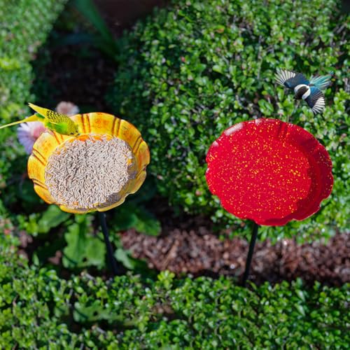 DREAMSOUL 2 Pack Bird Bath with Stake, Metal Garden Birdbath | Solid Metal Structure, Stable Ground Stake, Weather Resistant Red & Yellow Bird Bath for Outside Garden All-Year Use - size: 2PCS