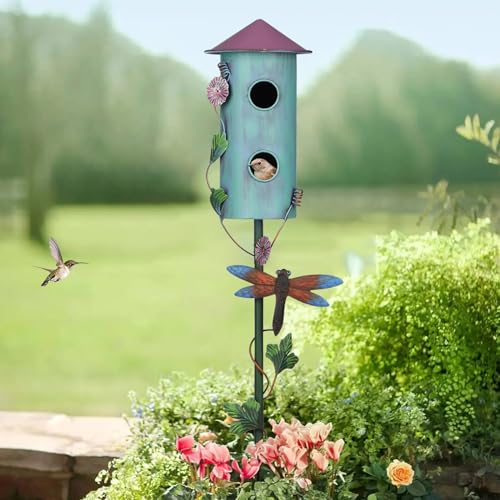 BAYN 57” Metal Bird House Stake for Outside Decorative | Rocket Design, Double-hole, Easy Assembly, Cleaning Door, Sturdy Wild Birdhouse on 5 Pronged Garden Stake Pole - style: Rocket Head