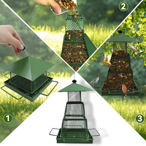 Metal Hanging Bird Feeder with 360° Mesh and 4 Perches | 4lb Seed Capacity, Easy Refill Roof, Weather Resistant, Small Bird Friendly, Ventilated Design, Durable Metal Build - color: Green