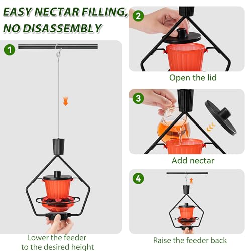 Retractable Hummingbird Feeder – 6 Feeding Ports, Leak-Proof, Ant & Bee Proof, Easy Top-Fill & Easy to Clean, Durable ASA Plastic, 18.5 oz Capacity, Adjustable Hanging System with 44" Extension(Black) - color: Black,1 Pack