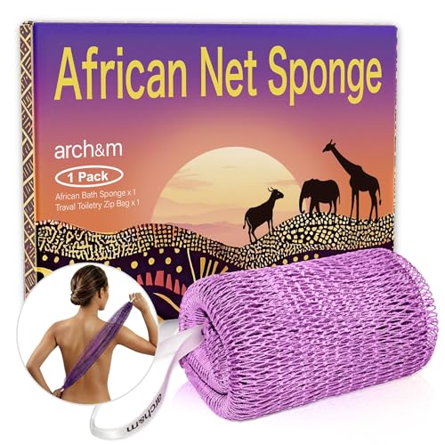 ARCH&M African Exfoliating Net Sponge with Knots | Authentic African Net Spong, Daily Use Afroscrub, Smoother Skin, Body Scrubber & Back Scrub, Exfoliating Wash Cloths - color: Lavender