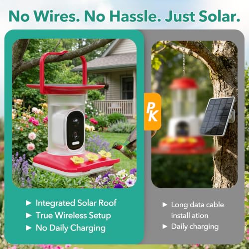 Smart Hummingbird Feeder with Camera, All-in-One Integrated Solar Roof – No Wires, 2.5K HD Color Night Vision, AI Identified Solar Hummingbird Feeder, Leakproof Design Hummingbird Feeders for Outdoors