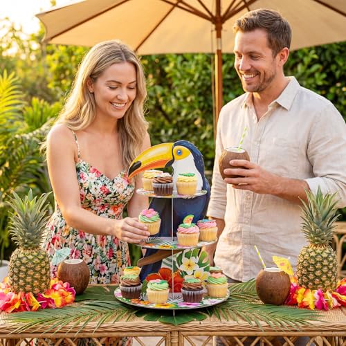 3 Tier Hawaiian Party Decor Bird Toucan Cupcake Stand Tropical Birds Cupcake Tower Luau Aloha Themed Cake Holder for Summer Luau Hawaiian Beach Pool Rainforest Birthday Party Decor Supplies - style: Hawaiian